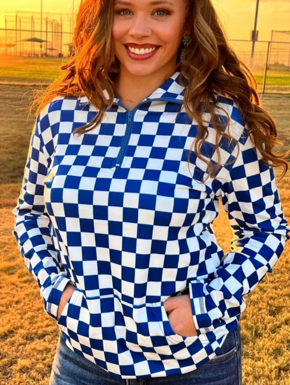Sterling Kreek Pep Rally Blue White Checkered Pullover NWT Size Large